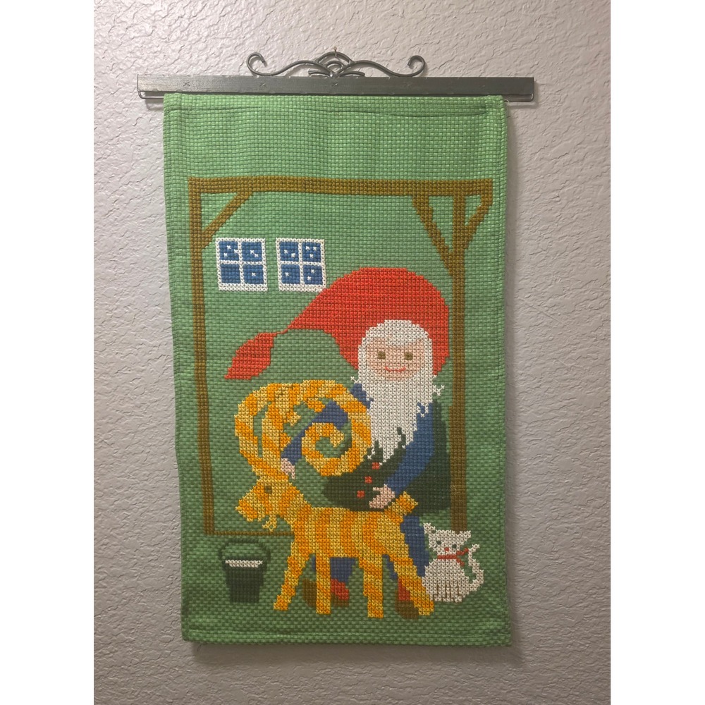 Large Vintage Elf Gnome Scandinavian Nordic Christmas Needlework Wall Hanging